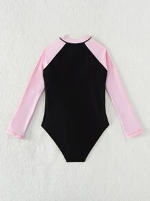 Tween Girl Colorblock Zipper Front One Piece Swimsuit - Multicolor - View 2