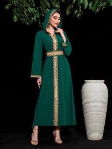 Al Najma Contrast Trimmed Belted A-line Dress - Dark Green - View 3