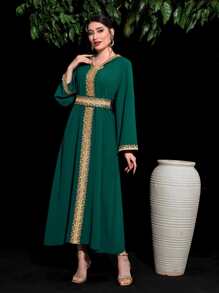 Al Najma Contrast Trimmed Belted A-line Dress - Dark Green - View 4