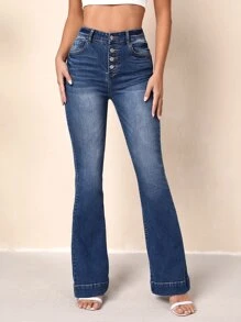 SHEIN Tall High Waist Button Fly Flare Leg Jeans - Dark Wash - View 5