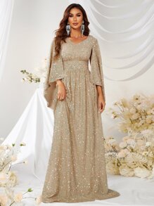 YISIKADO Cloak Sleeve Sequin Formal Dress - Khaki - View 1
