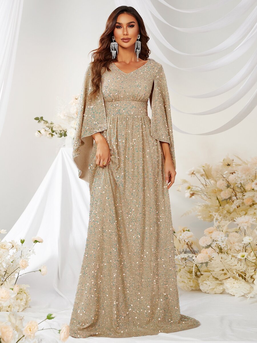 YISIKADO Cloak Sleeve Sequin Formal Dress - Khaki - View 1