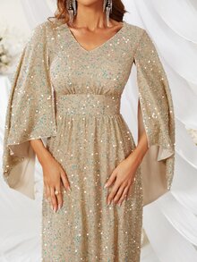 YISIKADO Cloak Sleeve Sequin Formal Dress - Khaki - View 3