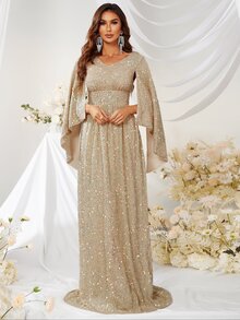 YISIKADO Cloak Sleeve Sequin Formal Dress - Khaki - View 6
