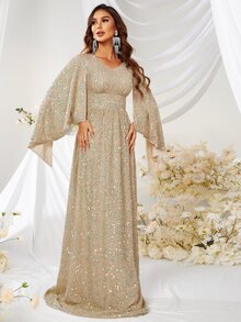 YISIKADO Cloak Sleeve Sequin Formal Dress - Khaki - View 7