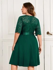 MIUSOL Plus Contrast Floral Lace Half Sleeve Prom Party Swing A-Line Dress, For Wedding Guest, Graduation, Dinner - Dark Green - View 2
