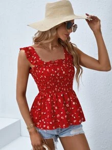 Soleia 碎花荷葉邊花邊下擺上衣 - 紅色 - 查看 4