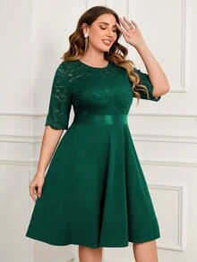 MIUSOL Plus Contrast Floral Lace Half Sleeve Prom Party Swing A-Line Dress, For Wedding Guest, Graduation, Dinner - Dark Green - View 3