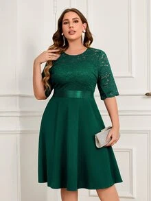 MIUSOL Plus Contrast Floral Lace Half Sleeve Prom Party Swing A-Line Dress, For Wedding Guest, Graduation, Dinner - Dark Green - View 4