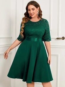 MIUSOL Plus Contrast Floral Lace Half Sleeve Prom Party Swing A-Line Dress, For Wedding Guest, Graduation, Dinner - Dark Green - View 5