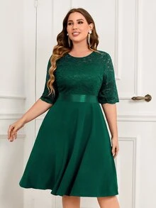 MIUSOL Plus Contrast Floral Lace Half Sleeve Prom Party Swing A-Line Dress, For Wedding Guest, Graduation, Dinner - Dark Green - View 6