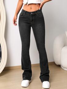 SHEIN SXY Zipper Fly Flare Leg Jeans - Dark Grey - View 1