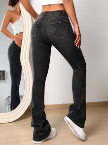 SHEIN SXY Zipper Fly Flare Leg Jeans - Dark Grey - View 2