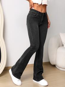 SHEIN SXY Zipper Fly Flare Leg Jeans - Dark Grey - View 3