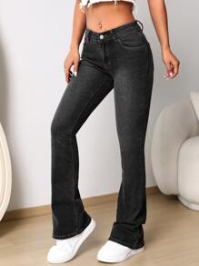 SHEIN SXY Zipper Fly Flare Leg Jeans - Dark Grey - View 5