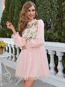Simplee Floral Embroidery Mesh Overlay Dress - Baby Pink - View 3