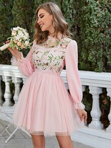 Simplee Floral Embroidery Mesh Overlay Dress - Baby Pink - View 4