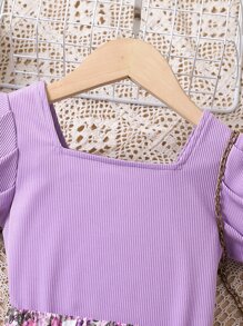 Jeune fille fleur imprimé décontracté vacances doux frais col carré deux pièces ensemble avec manches de princesse pour l'été