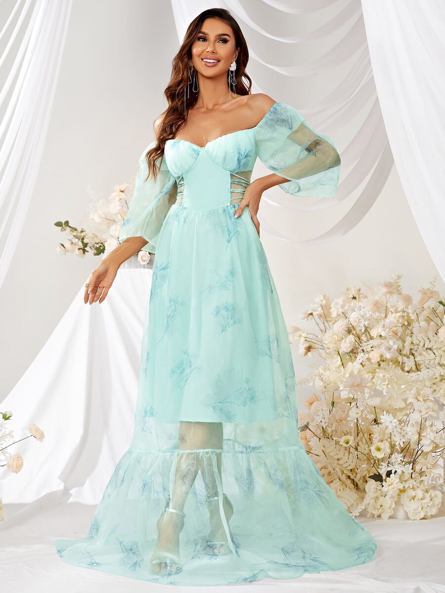 YISIKADO Off Shoulder Crisscross Waist Ruffle Hem Chiffon Dress - Mint Green - View 1