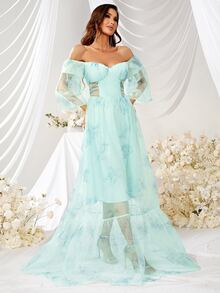 YISIKADO Off Shoulder Crisscross Waist Ruffle Hem Chiffon Dress - Mint Green - View 3