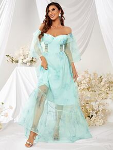 YISIKADO Off Shoulder Crisscross Waist Ruffle Hem Chiffon Dress - Mint Green - View 4