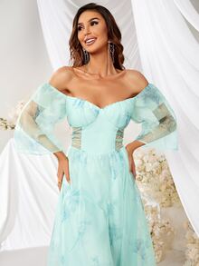 YISIKADO Off Shoulder Crisscross Waist Ruffle Hem Chiffon Dress - Mint Green - View 5