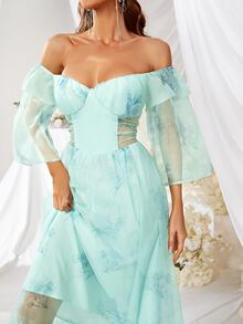 YISIKADO Off Shoulder Crisscross Waist Ruffle Hem Chiffon Dress - Mint Green - View 6