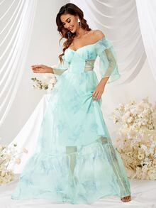 YISIKADO Off Shoulder Crisscross Waist Ruffle Hem Chiffon Dress - Mint Green - View 7