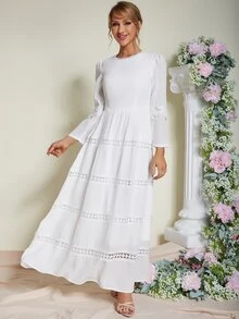 Eilly Bazar 素色蕾絲花邊A字洋裝 - 白色 - 查看 5