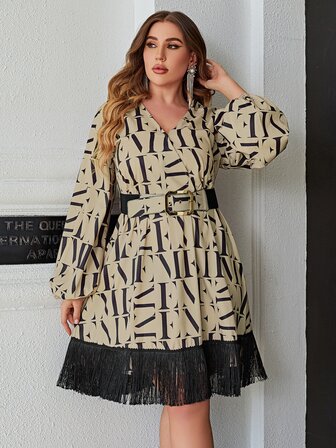 Glamaker 大碼字母圖案流蘇下擺繫腰帶連衣裙