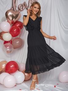 Eilly Bazar Ruffle Trim Ruffle Hem Dress - Black - View 6