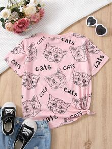 Girls 1pc Cat & Letter Graphic Tee - Baby Pink - View 2