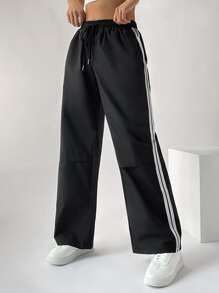 SHEIN EZwear 拼接側條紋腰部抽繩長褲 - 黑色 - 查看 4