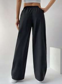 SHEIN EZwear 拼接側條紋腰部抽繩長褲 - 黑色 - 查看 3