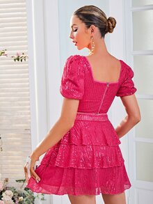 Glamaker Cut Out Puff Sleeve Sequin Top & Layer Hem Skirt - Hot Pink - View 2