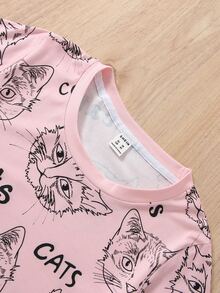 Girls 1pc Cat & Letter Graphic Tee - Baby Pink - View 3