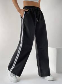 SHEIN EZwear 拼接側條紋腰部抽繩長褲 - 黑色 - 查看 2