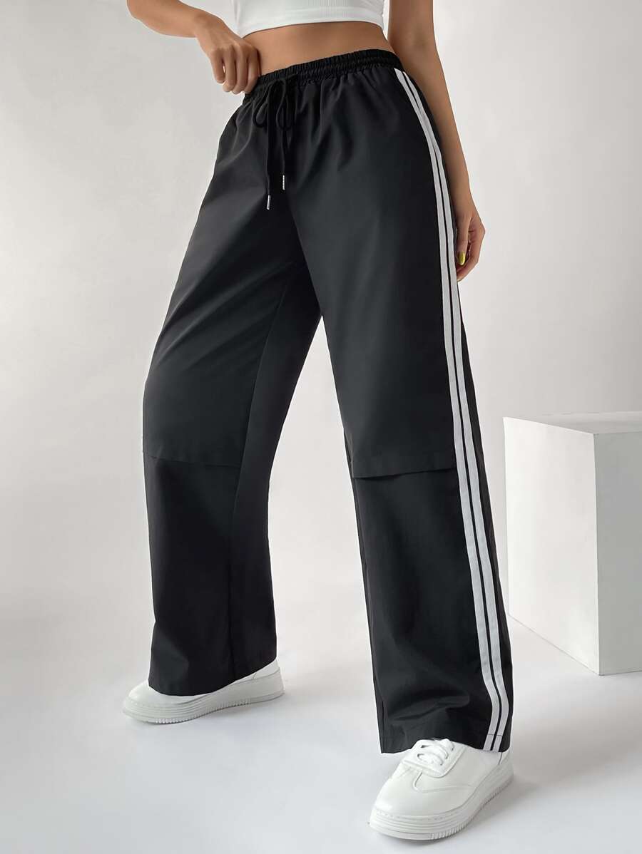 SHEIN EZwear 拼接側條紋腰部抽繩長褲 - 黑色 - 查看 1