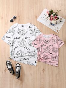 Girls 1pc Cat & Letter Graphic Tee - Baby Pink - View 6