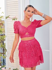 Glamaker Cut Out Puff Sleeve Sequin Top & Layer Hem Skirt - Hot Pink - View 4