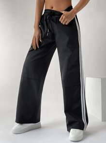 SHEIN EZwear 拼接側條紋腰部抽繩長褲 - 黑色 - 查看 6
