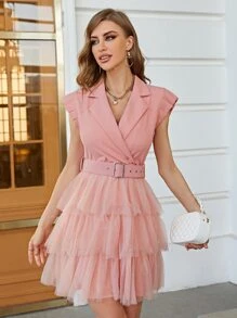Simplee Lapel Neck Ruffle Hem Mesh Hem Belted Dress - Dusty Pink - View 1