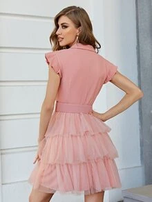 Simplee Lapel Neck Ruffle Hem Mesh Hem Belted Dress - Dusty Pink - View 2