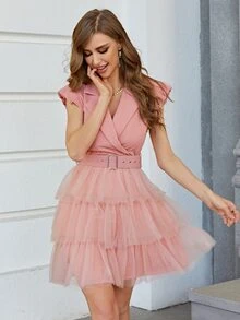 Simplee Lapel Neck Ruffle Hem Mesh Hem Belted Dress - Dusty Pink - View 3