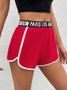 SHEIN PETITE Letter Tape Contrast Binding Shorts - Red - View 5