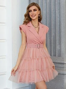 Simplee Lapel Neck Ruffle Hem Mesh Hem Belted Dress - Dusty Pink - View 6
