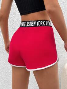 SHEIN PETITE Letter Tape Contrast Binding Shorts - Red - View 2