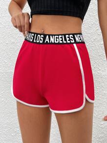 SHEIN PETITE Letter Tape Contrast Binding Shorts - Red - View 3