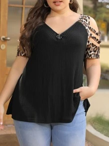 SHEIN LUNE Plus Leopard Print Cold Shoulder Tee - Black - View 1
