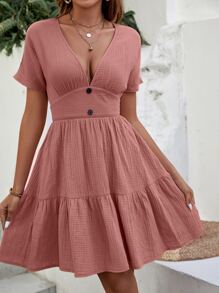 SHEIN LUNE Plunging Neck Ruffle Hem Dress